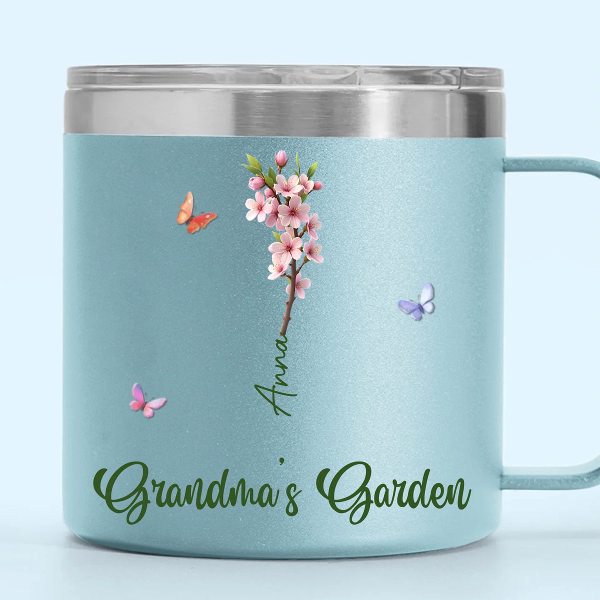 Son jardin s'agrandit avec les rires et les petits pieds - Gobelet personnalisé en acier inoxydable de 14 oz avec poignée - Fête des Mères, cadeau pour maman, grand-mère