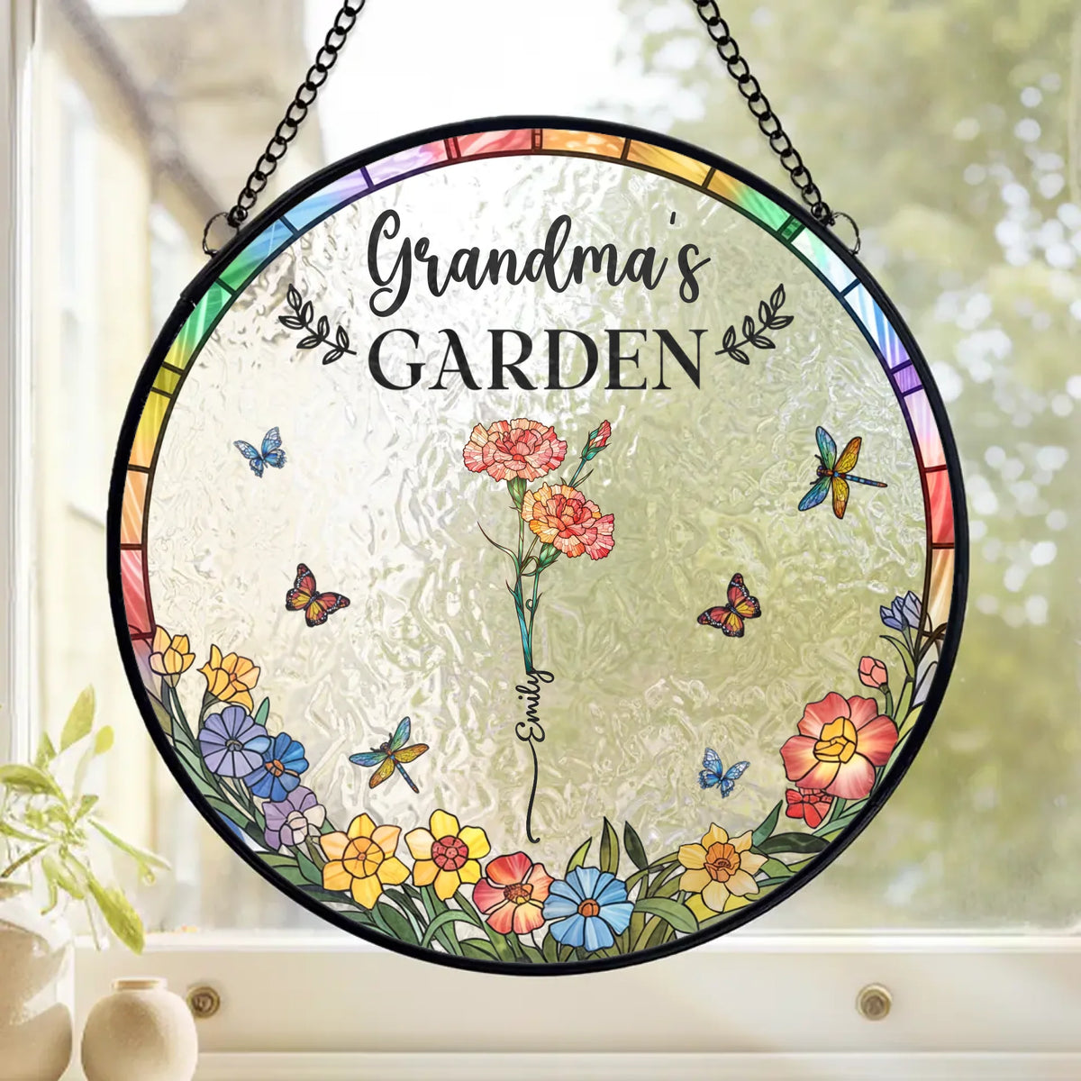 Soleil, pétales et amour de grand-mère - Attrape-soleil personnalisé à suspendre sur un vitrail familial - Cadeau pour maman et grand-mère