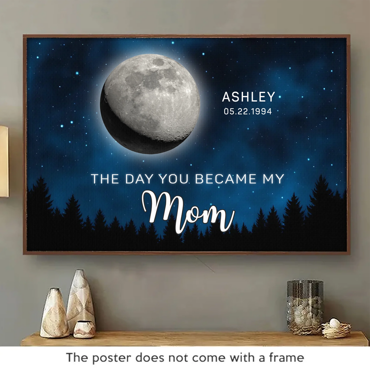 La lune brillait plus fort le jour où tu es devenue maman - Affiche horizontale personnalisée pour la famille - Fête des mères, cadeau pour maman, grand-mère