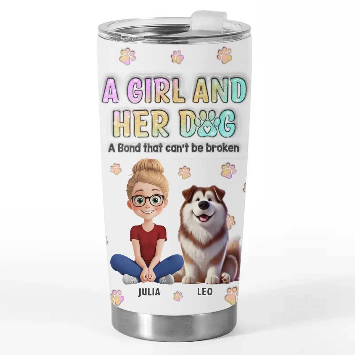 Ensemble pour toujours, une fille et ses chiens - Gobelet personnalisé avec effet gonflable 3D imprimé pour chien - Cadeau pour propriétaires et amoureux des animaux