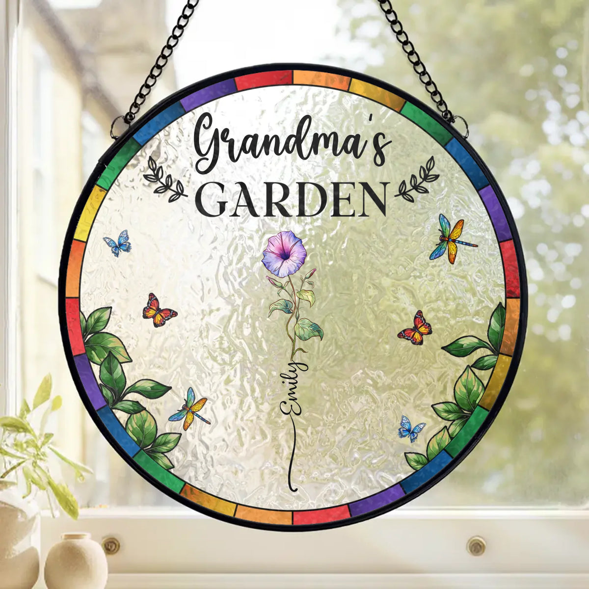 Là où les petits-enfants grandissent et aiment fleurir - Attrape-soleil personnalisé pour vitrail familial - Cadeau pour maman et grand-mère