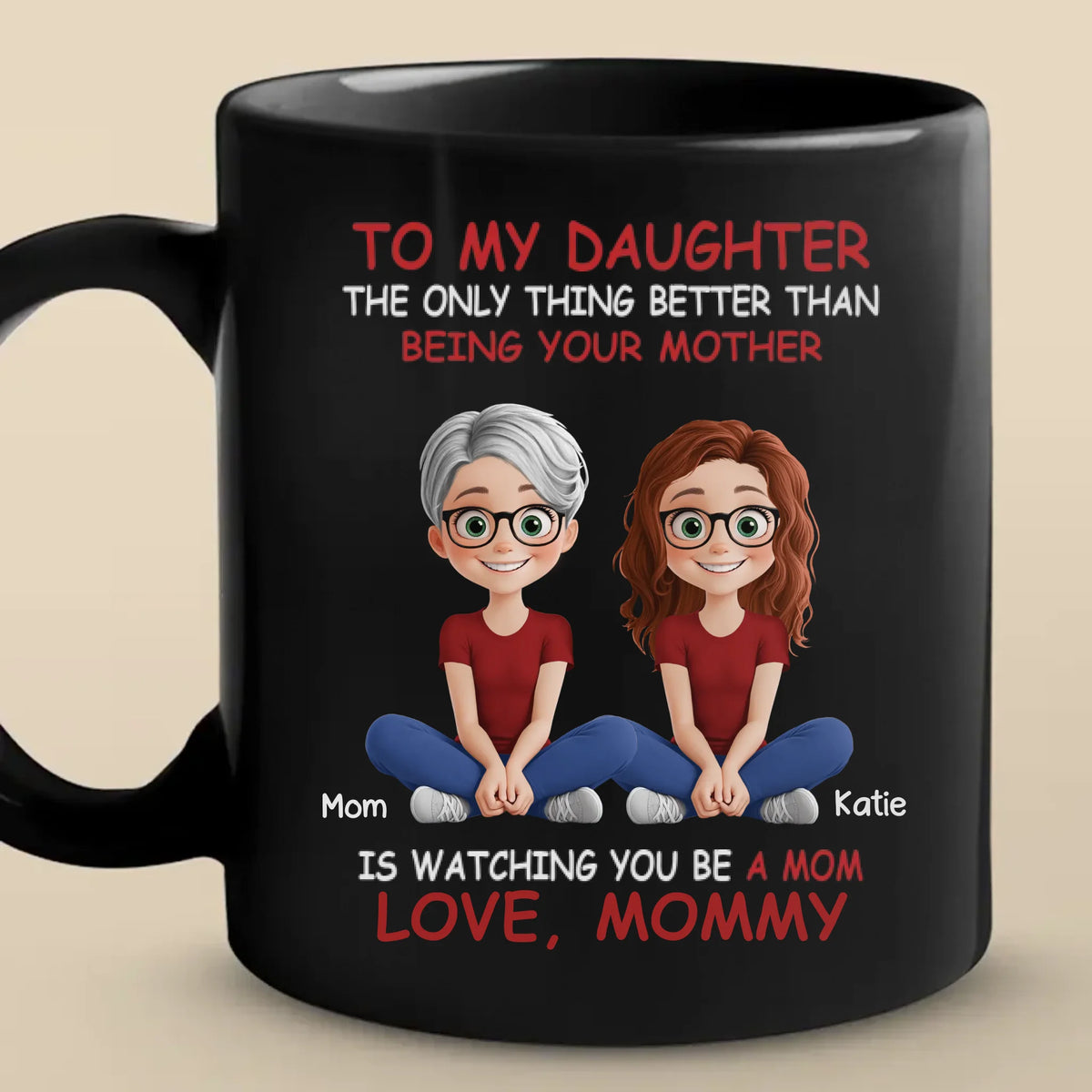 Liés par le cœur, unis par l'amour - Tasse noire personnalisée pour la famille - Cadeau pour la fête des mères, maman, fille