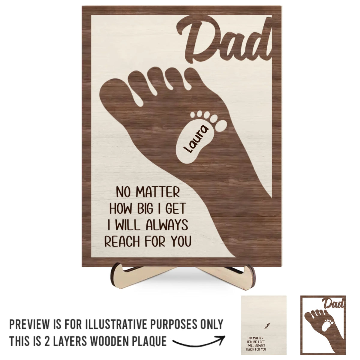 Nous suivons vos traces - Plaque en bois personnalisée à 2 couches avec support - Fête des pères, cadeau pour papa, grand-père