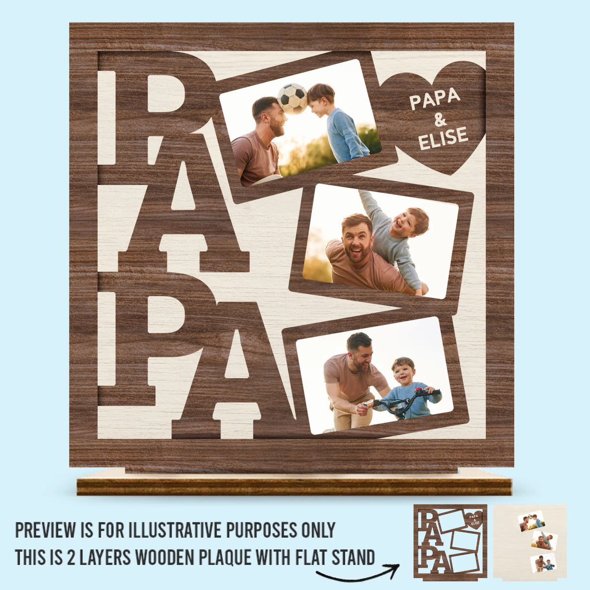 Photo personnalisée Mes moments préférés sont avec papa - Plaque en bois personnalisée à 2 couches avec support plat - Fête des pères, cadeau pour papa