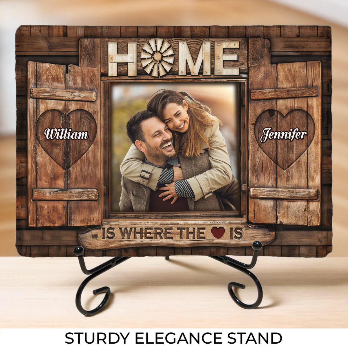 Photo personnalisée « La maison est là où se trouve le cœur » – Pierre rectangulaire personnalisée avec support pour couple – Cadeau pour mari et femme, anniversaire
