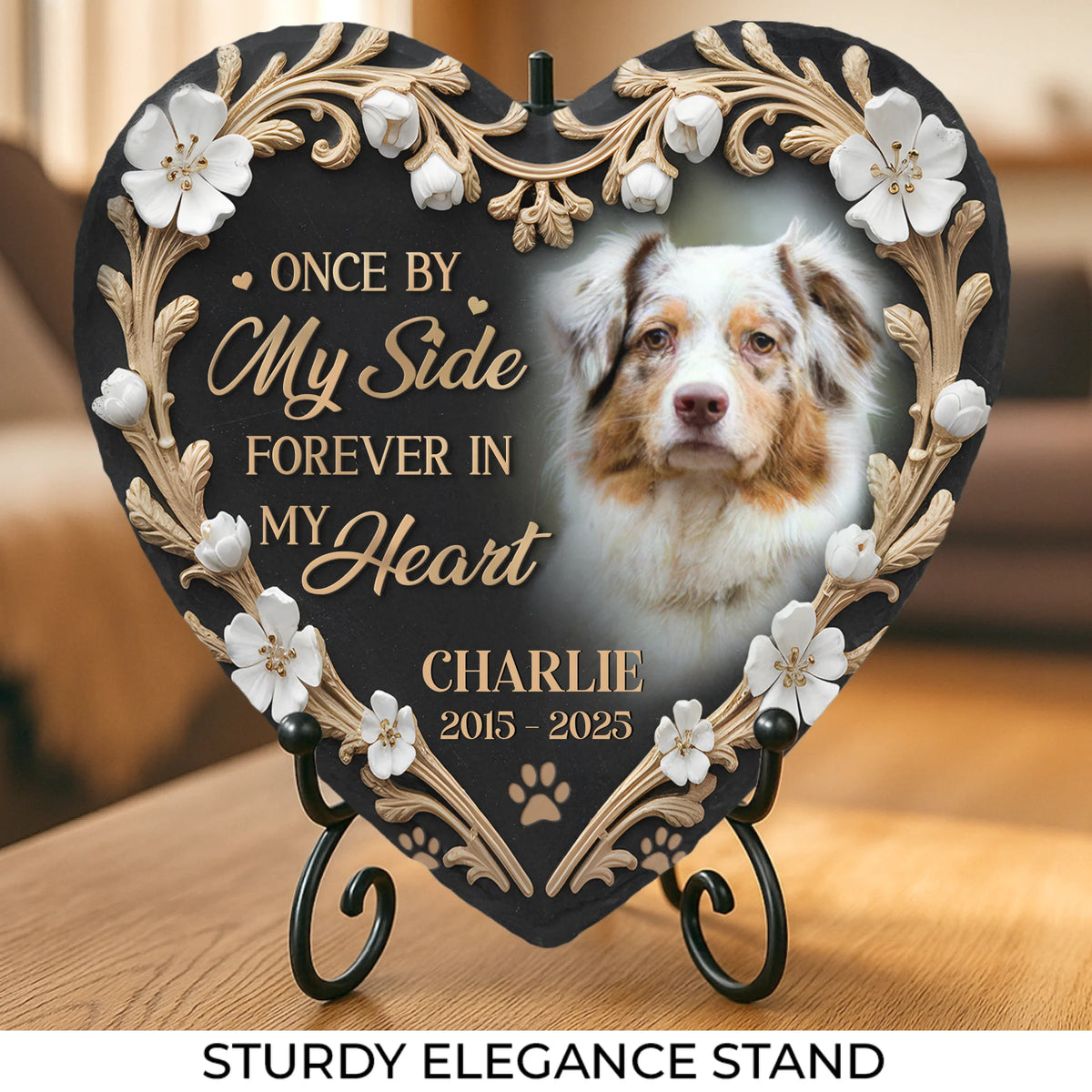 Photo personnalisée que vous avez laissée avec vos empreintes de pattes sur mon cœur - Pierre commémorative personnalisée en forme de cœur - Cadeau de condoléances pour les propriétaires d'animaux et les amoureux des animaux