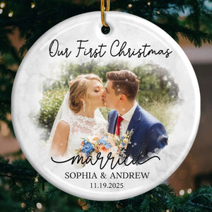 Custom Photo Our First Year Together - Couple Personalized Custom Ornament - Ceramic Round Shaped - Christmas Gift For Husband Wife, Anniversary, First Christmas