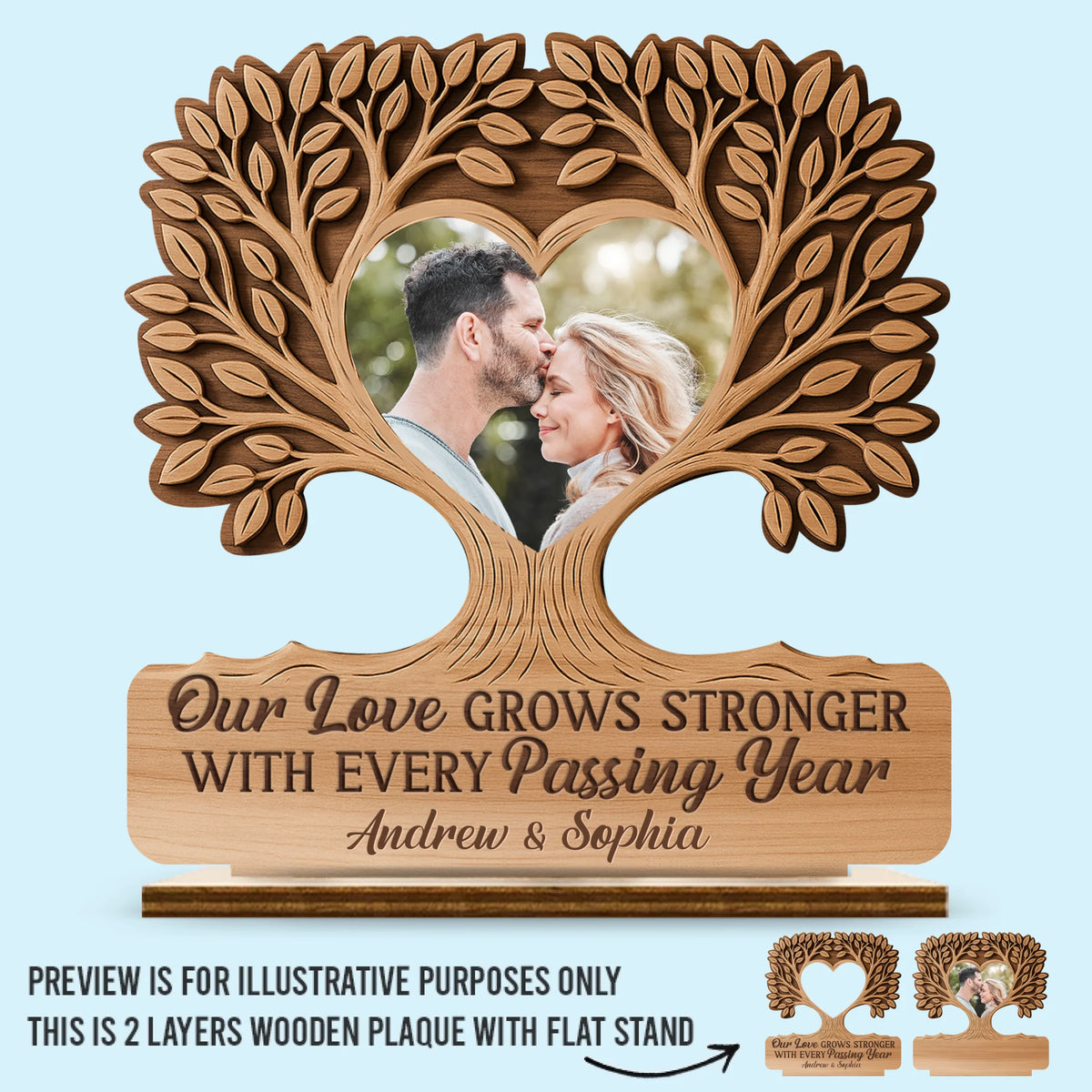 Plaque en bois personnalisée à 2 couches avec photo - Cadeaux d'anniversaire de mariage personnalisés pour mari et femme, lui et elle - Notre amour grandit et se renforce