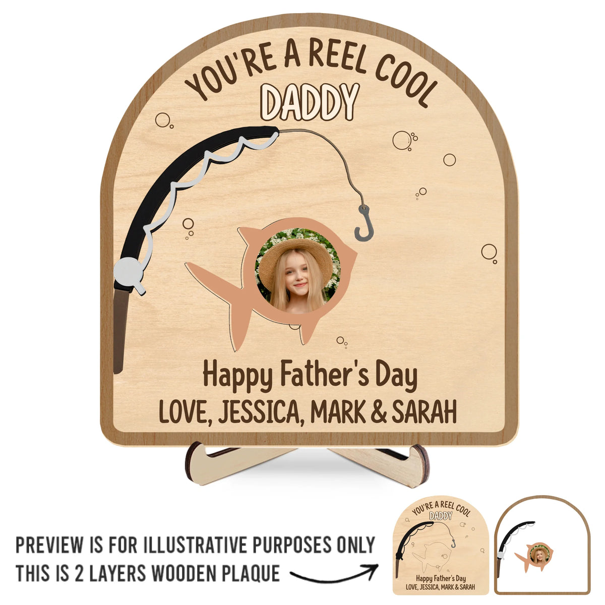 Photo personnalisée « Vous êtes un gardien de moulinet » - Plaque en bois personnalisée à 2 couches avec support pour famille - Cadeau pour la fête des pères, pour papa, grand-père, amateurs de pêche, pêcheurs