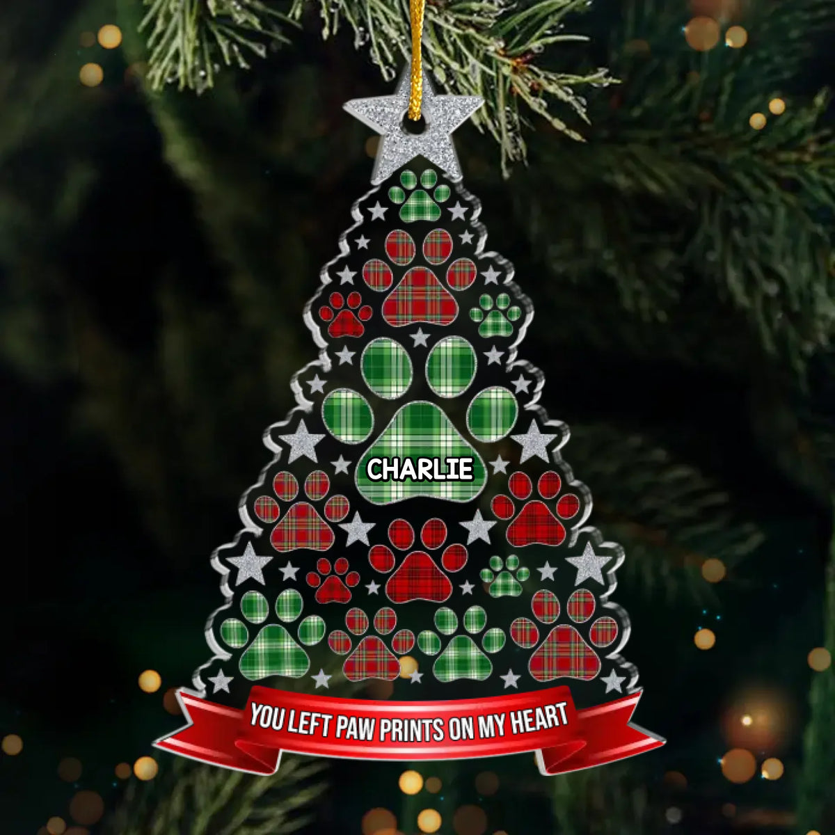 Custom Acrylic Ornament - Personalized Pet Christmas Memorial Sympathy Gifts For Dogs, Cats - Paw Prints Forever In Our Hearts