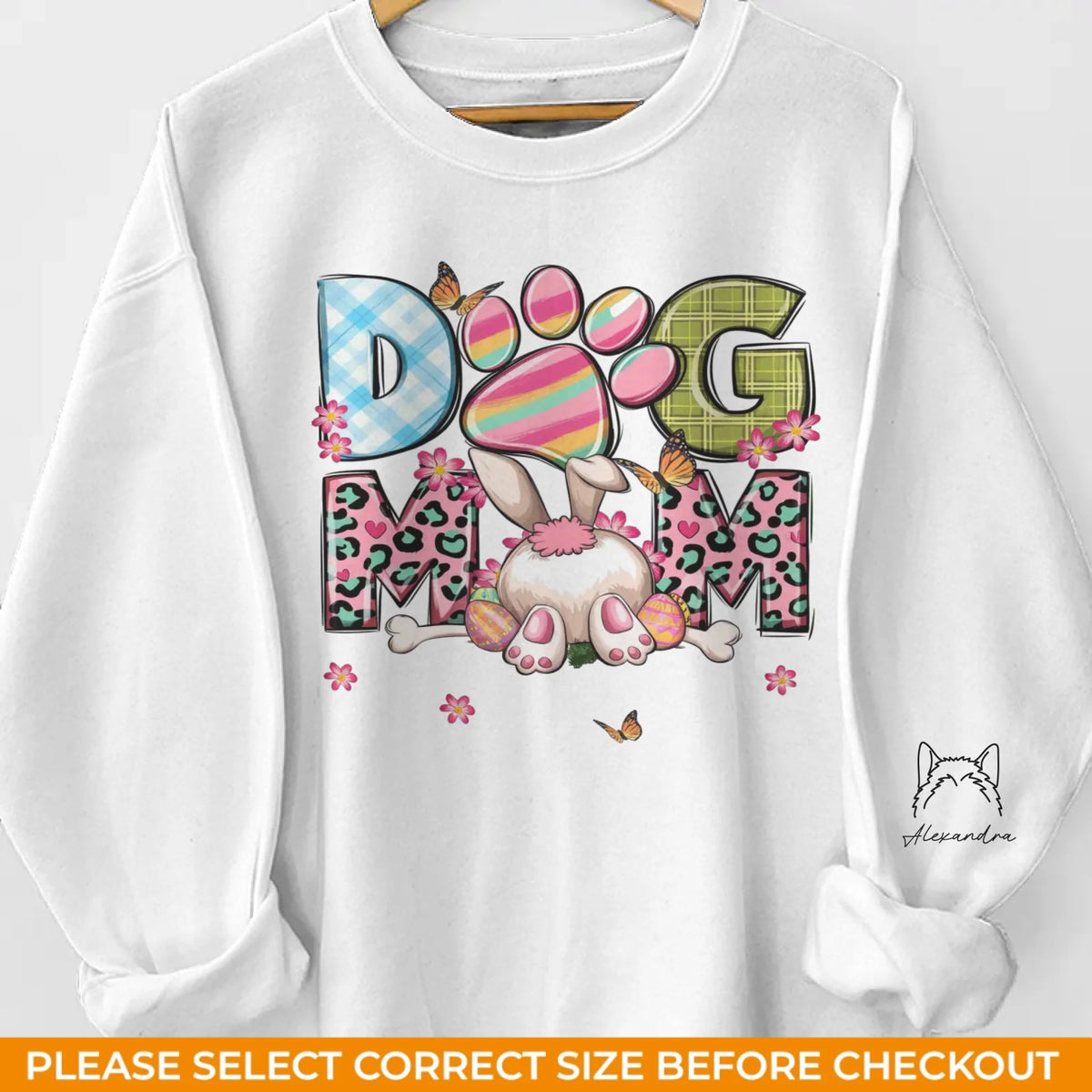 Bunny Hops &amp; Puppy Love, Perfection de Pâques - Sweat-shirt unisexe personnalisé avec motif sur la manche - Cadeau de Pâques pour maman et grand-mère
