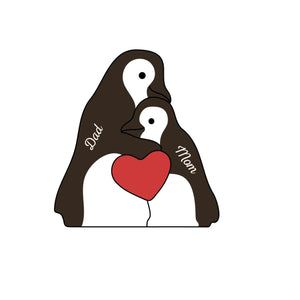 Deux cœurs, un voyage enneigé - Puzzle en bois personnalisé en forme de pingouin - Sculptures d'animaux en bois, ornements de table en sculpture sur bois, décoration en bois sculpté - Cadeau pour les membres de la famille