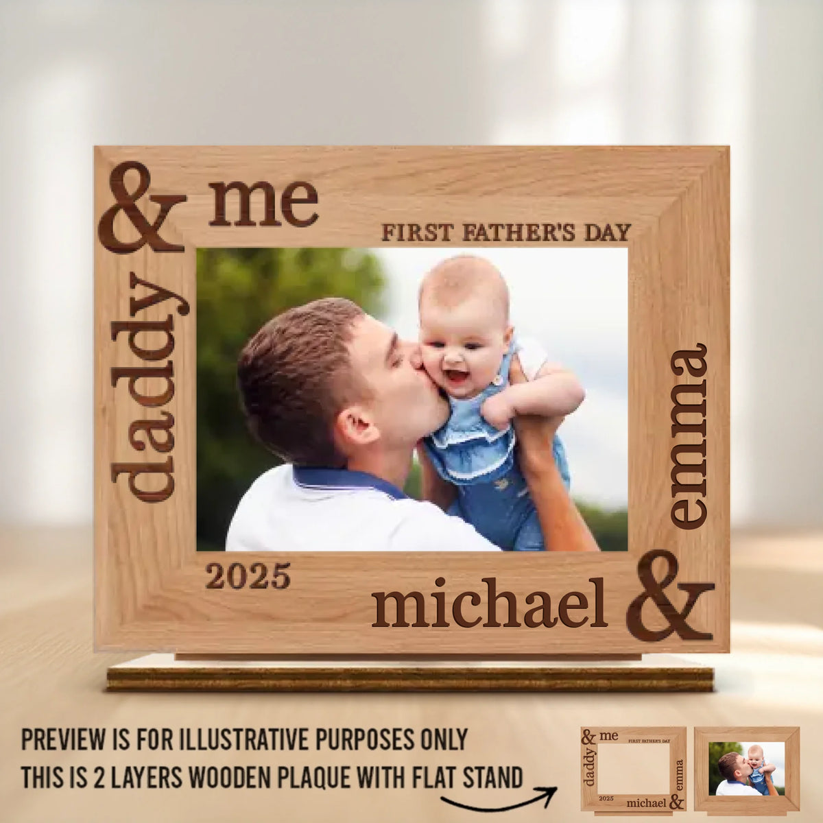 Custom Photo Our First Fathers Day Together - Family Personalized Custom Shaped 2-Layered Wooden Plaque With Flat Stand - Father's Day, Baby Shower Gift, Gift For First Dad, Baby Kids, Newborn Baby