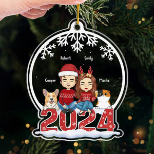Joyeux Noël pour couple et animaux de compagnie - Décoration personnalisée pour chien et chat - Boule à neige en acrylique - Cadeau de Noël pour les propriétaires et les amoureux des animaux