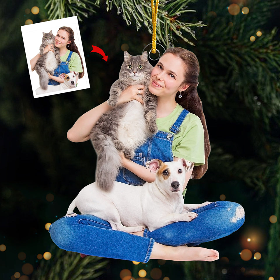 Photo personnalisée « Moi et les animaux » - Décoration personnalisée pour chien et chat - Forme personnalisée en acrylique - Cadeau de Noël pour les propriétaires et les amoureux des animaux
