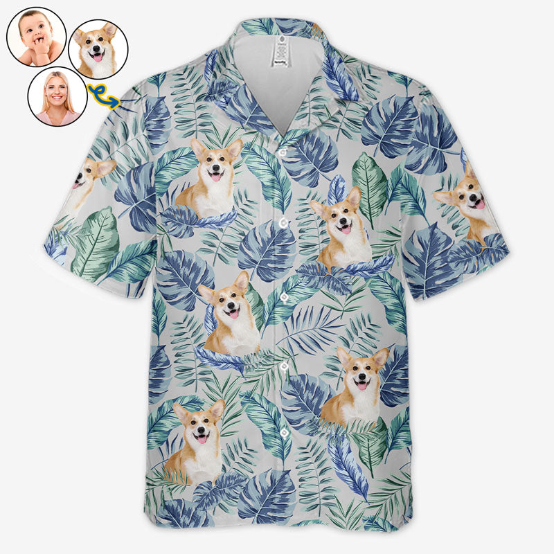 Feuilles tropicales colorées et animaux de compagnie - T-shirt hawaïen unisexe personnalisé pour chien et chat - Télécharger une image, visage de chien, visage de chat - Cadeau vacances d'été, cadeau pour propriétaires d'animaux, amoureux des animaux
