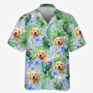 Motif oiseau tropical et fleurs - T-shirt hawaïen unisexe personnalisé pour chien et chat - Télécharger une image, visage de chien ou de chat - Cadeau vacances d'été, cadeau pour propriétaires d'animaux et amoureux des animaux