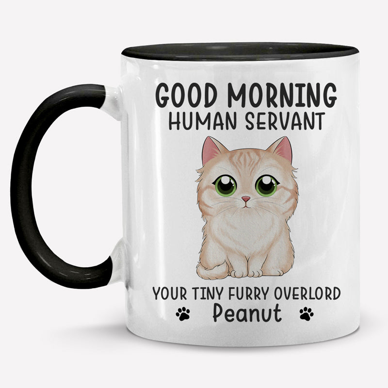 Tasse personnalisée « Bonjour, serviteur humain » avec motif chat - Cadeau pour la fête des pères et des mères, pour les propriétaires d'animaux et les amoureux des animaux.