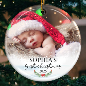 Premier Noël - Décoration de Noël ronde personnalisée en céramique avec photo - Télécharger une image, cadeau pour la famille, cadeau de Noël