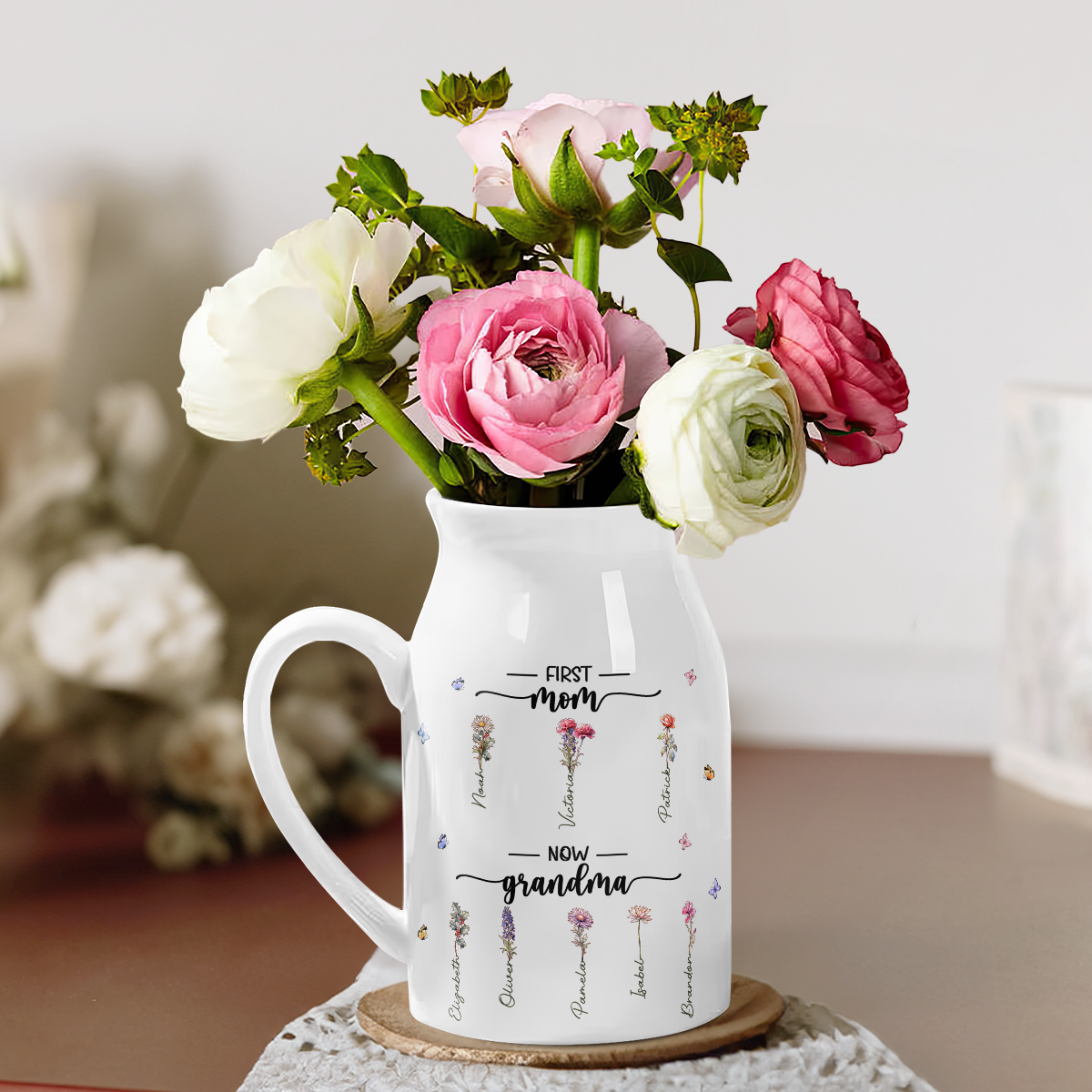 Première maman, maintenant grand-mère - Vase à fleurs personnalisé pour la décoration intérieure de la famille - Cadeau de pendaison de crémaillère pour maman et grand-mère