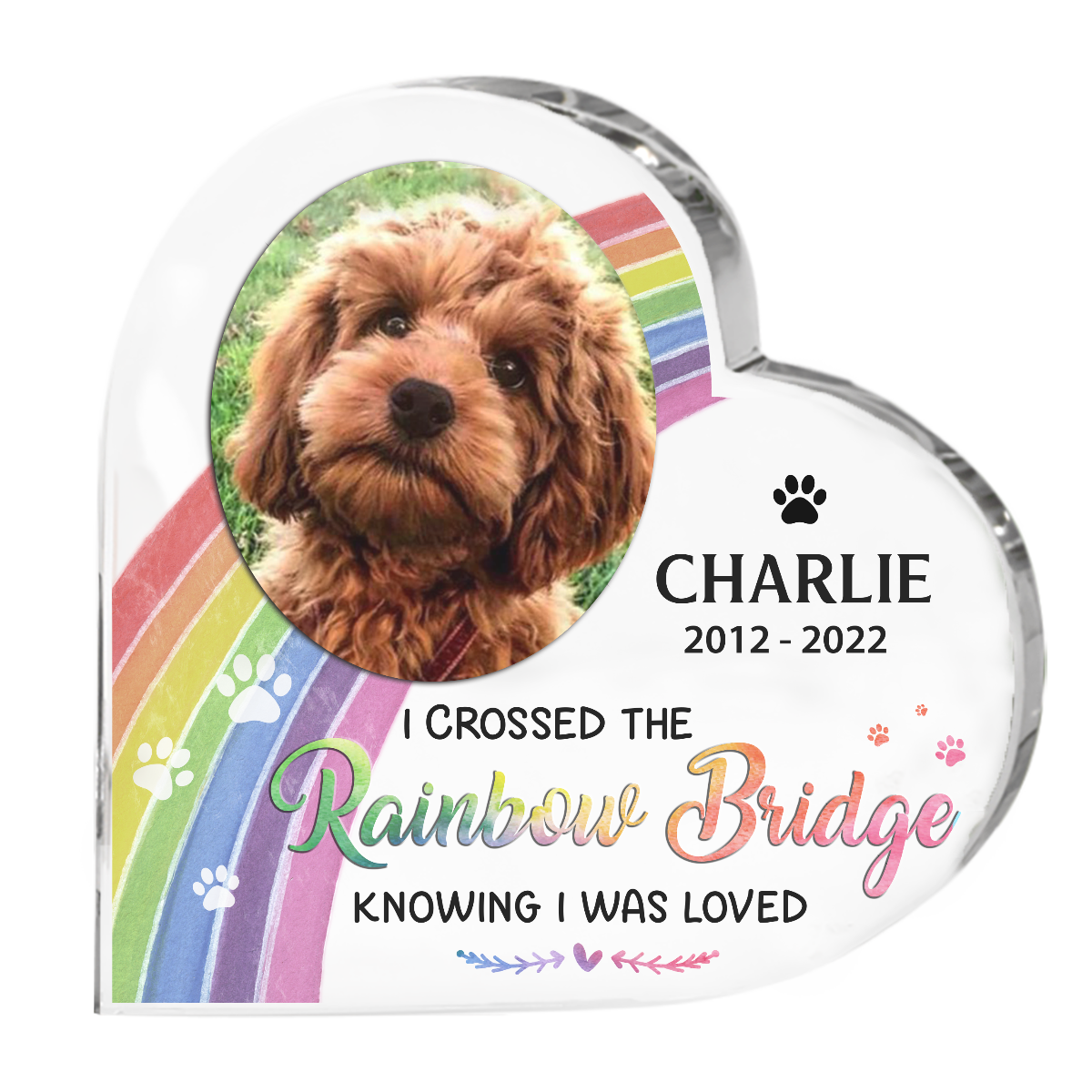 Photo personnalisée « J'ai traversé le pont arc-en-ciel en sachant que j'étais aimé » - Plaque acrylique commémorative personnalisée en forme de cœur - Cadeau de condoléances, cadeau pour propriétaires d'animaux, amoureux des animaux