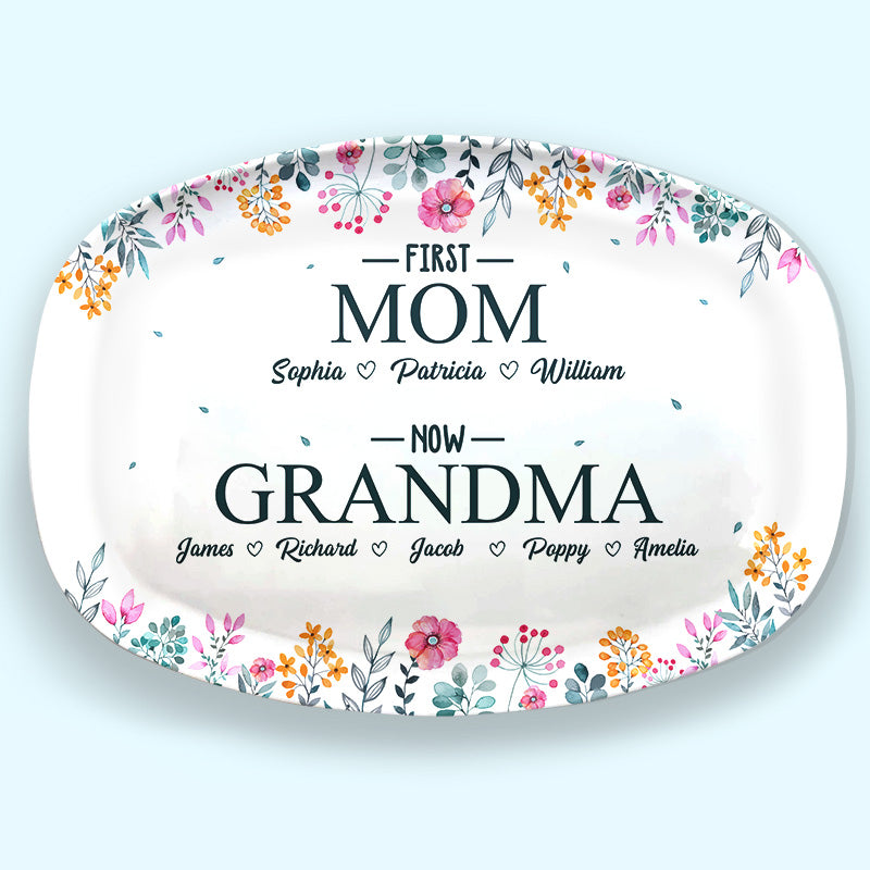 D'abord maman, maintenant grand-mère - Plateau personnalisé familial - Cadeau d'anniversaire pour grand-mère