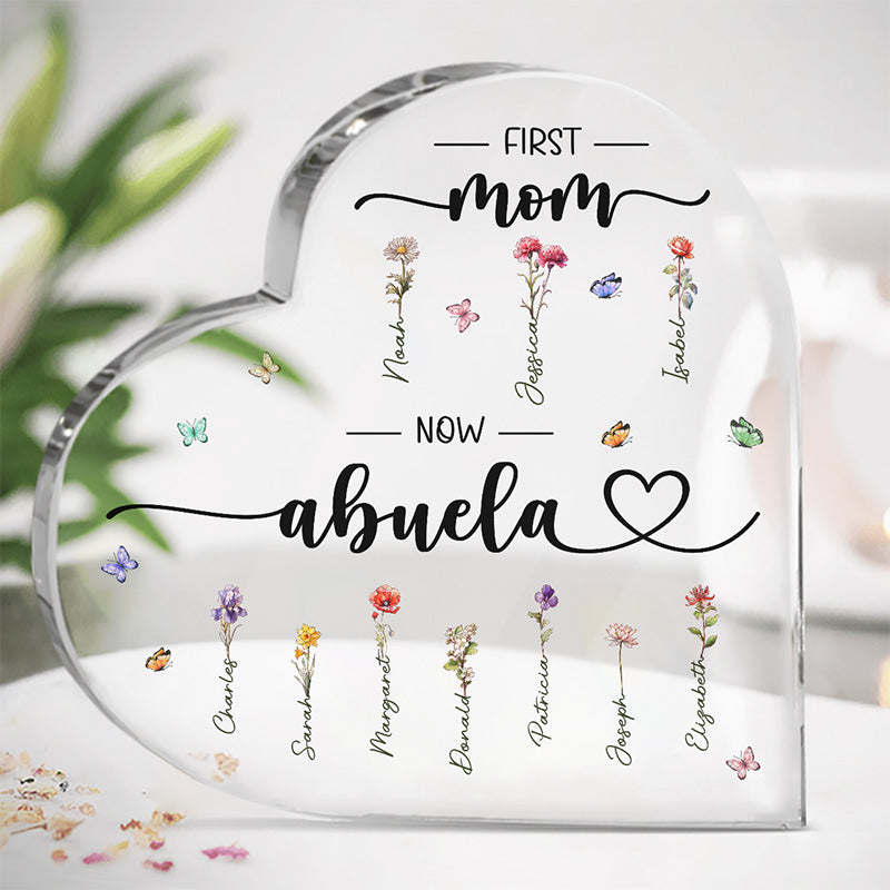 Grand-mère et ses charmantes fleurs - Plaque acrylique personnalisée en forme de cœur pour la famille - Cadeau pour maman et grand-mère