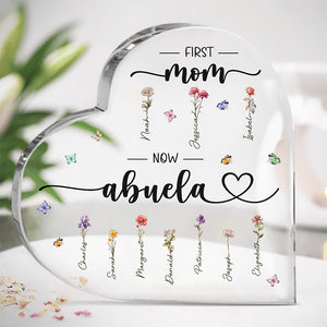 Grand-mère et ses charmantes fleurs - Plaque acrylique personnalisée en forme de cœur pour la famille - Cadeau pour maman et grand-mère