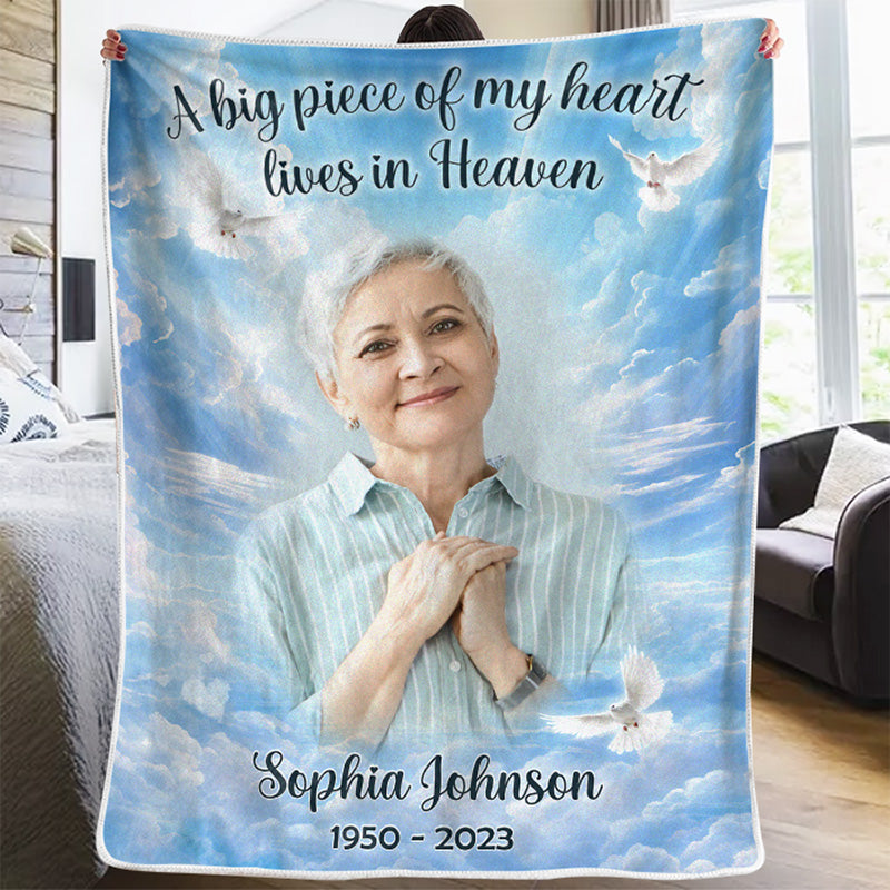 Couverture personnalisée avec photo « Un morceau de mon cœur vit au paradis » - Cadeau de Noël, souvenir de condoléances pour les membres de la famille