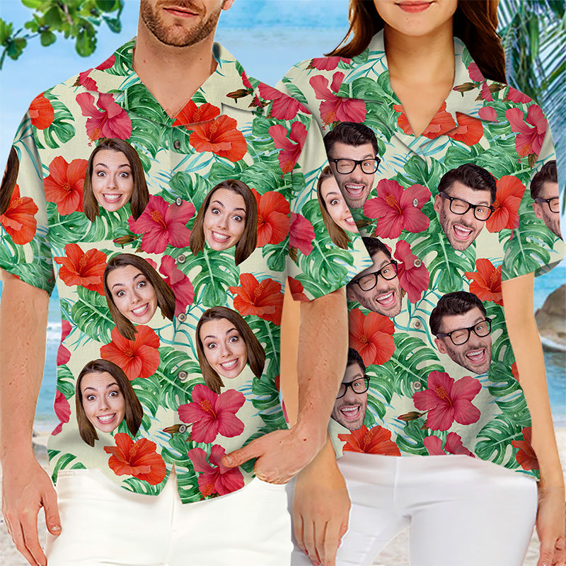 Photo personnalisée, ambiance tropicale estivale - T-shirt hawaïen unisexe personnalisé pour couple - Cadeau vacances d'été, cadeau pour mari et femme