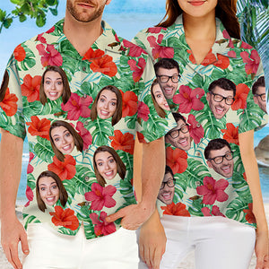 Photo personnalisée, ambiance tropicale estivale - T-shirt hawaïen unisexe personnalisé pour couple - Cadeau vacances d'été, cadeau pour mari et femme