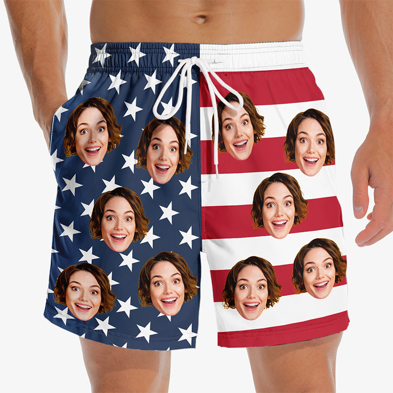 Custom Photo Rocking The Red, White, And Blue - Funny Personalized Custom Patriotic Men Beach Shorts - Independence Day, 4th Of July, Summer Vacation Gift, Birthday Party Gift For Husband