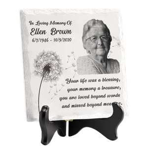 Photo personnalisée « Votre vie a été une bénédiction » - Plaque commémorative personnalisée en céramique de forme carrée avec support - Cadeau de condoléances, cadeau pour les membres de la famille