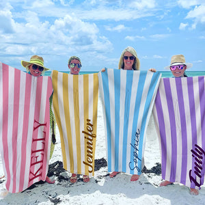 Happiness Comes In Waves - Bestie Personalized Custom Beach Towel - Summer Vacation Gift, Birthday Pool Party Gift For Best Friends, BFF, Sisters