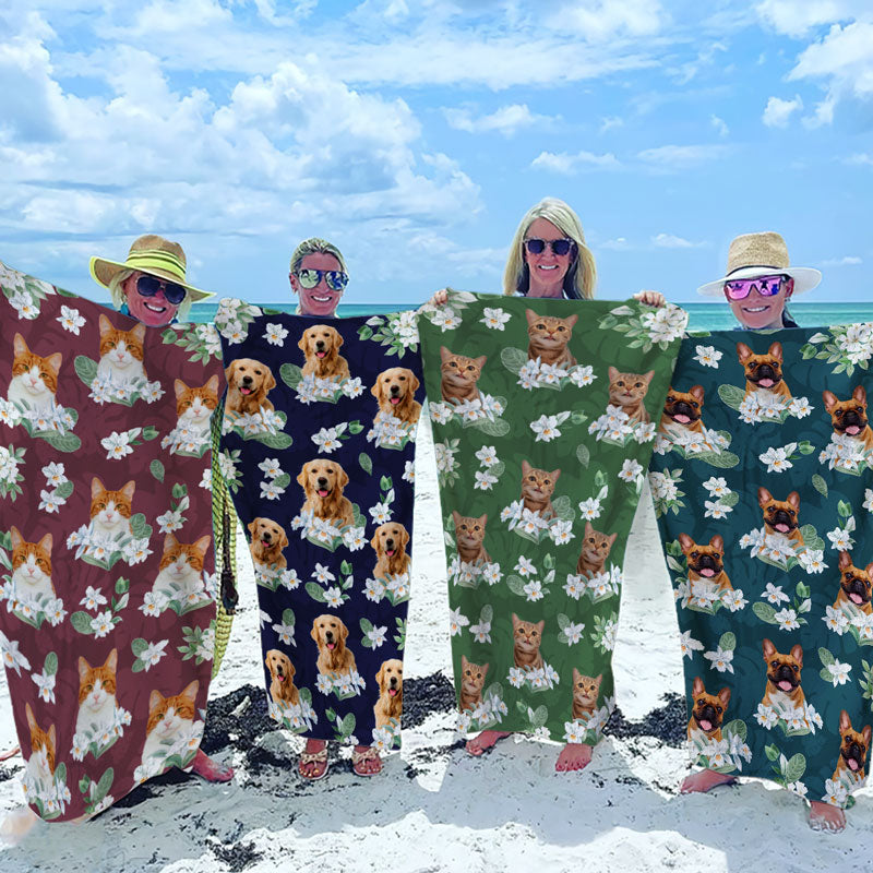 Custom Photo Beach Is Cheaper Than Therapy - Dog & Cat Personalized Custom Beach Towel - Summer Vacation Gift, Birthday Pool Party Gift For Pet Owners, Pet Lovers