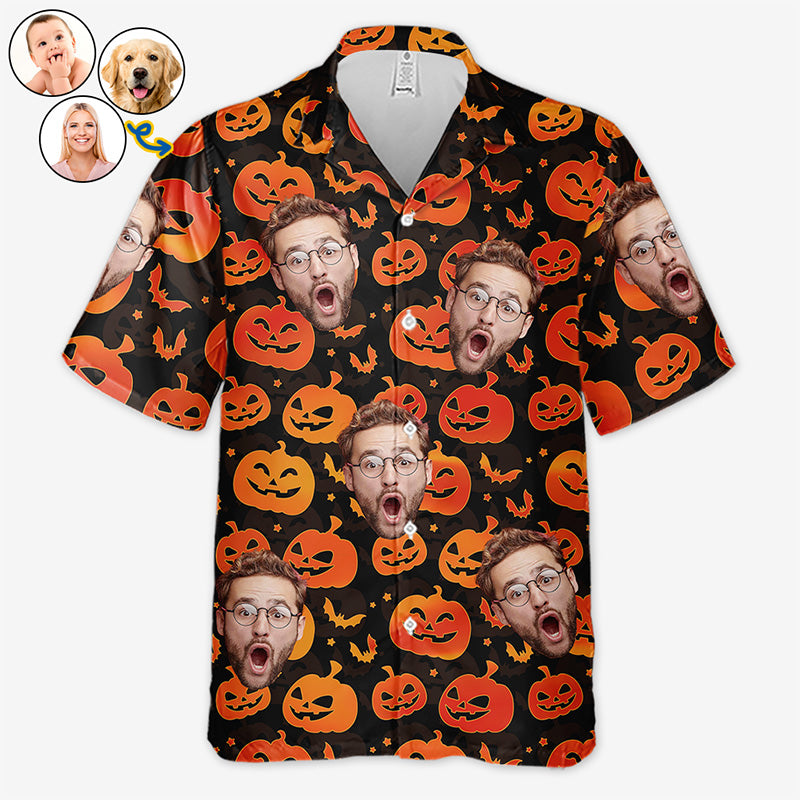 Photo personnalisée « Vous êtes la citrouille la plus mignonne du jardin » - T-shirt hawaïen tropical unisexe personnalisé pour la famille - Cadeau d'Halloween pour les membres de la famille, les propriétaires d'animaux et les amoureux des animaux