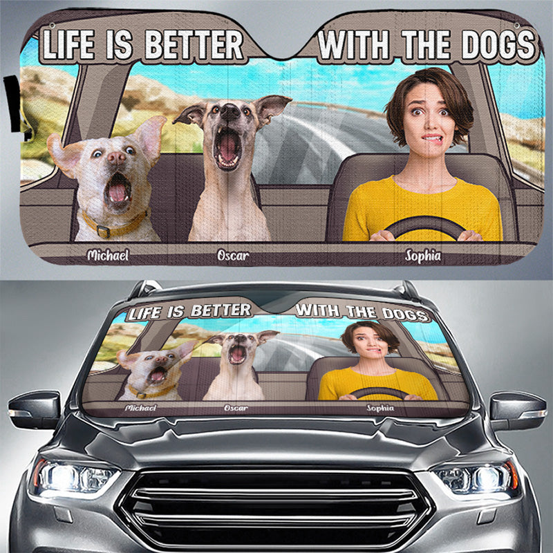 Photo personnalisée : La vie est meilleure avec les animaux ! Pare-soleil personnalisé pour pare-brise de voiture, protection de vitre de voiture, cadeau pour propriétaires et amoureux des animaux.