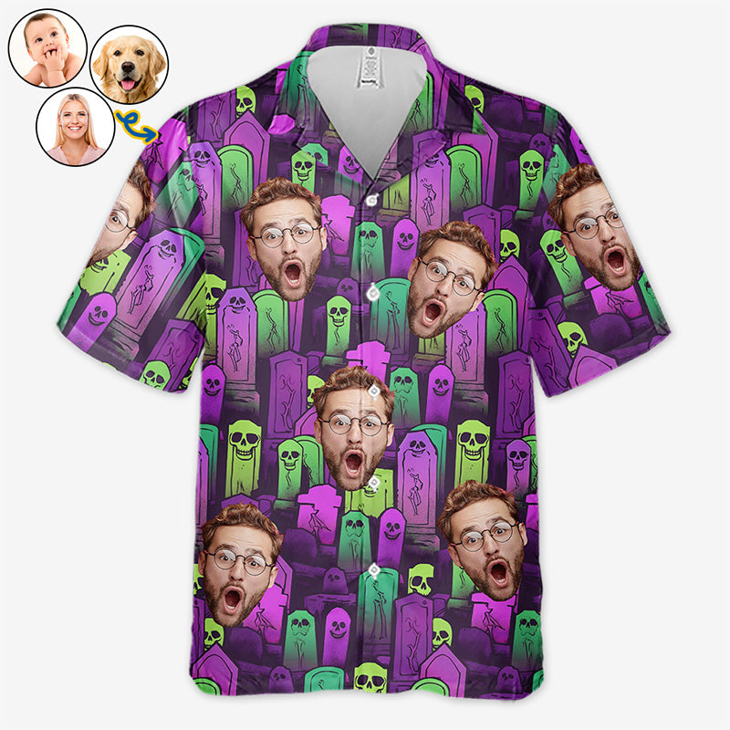 T-shirt hawaïen tropical unisexe personnalisé avec photo « Mangez, buvez et soyez effrayant » - Cadeau d'Halloween pour les membres de la famille, les propriétaires d'animaux et les amoureux des animaux