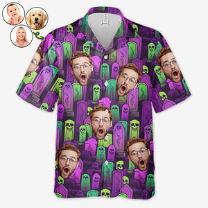 T-shirt hawaïen tropical unisexe personnalisé avec photo « Mangez, buvez et soyez effrayant » - Cadeau d'Halloween pour les membres de la famille, les propriétaires d'animaux et les amoureux des animaux