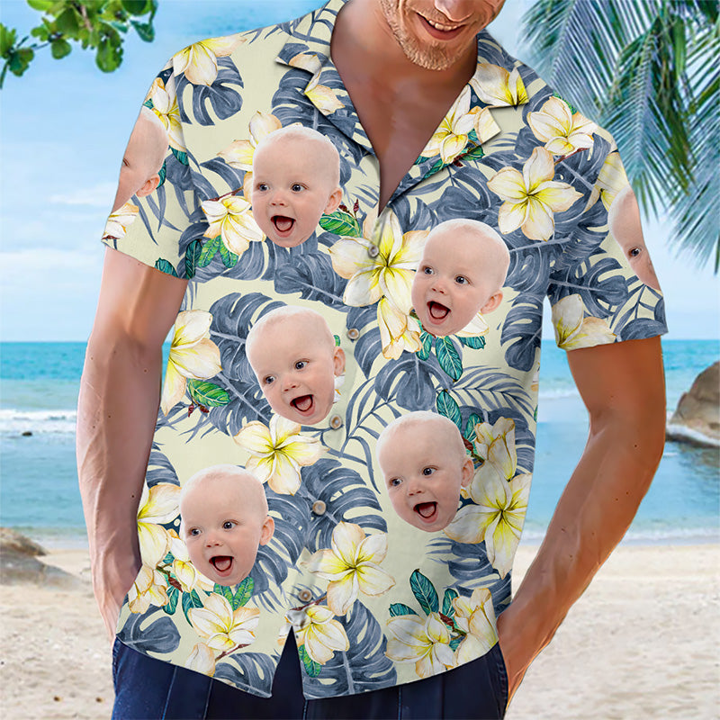 T-shirt hawaïen unisexe personnalisé avec photo et ambiance tropicale estivale - Cadeau idéal pour les vacances d'été et la famille
