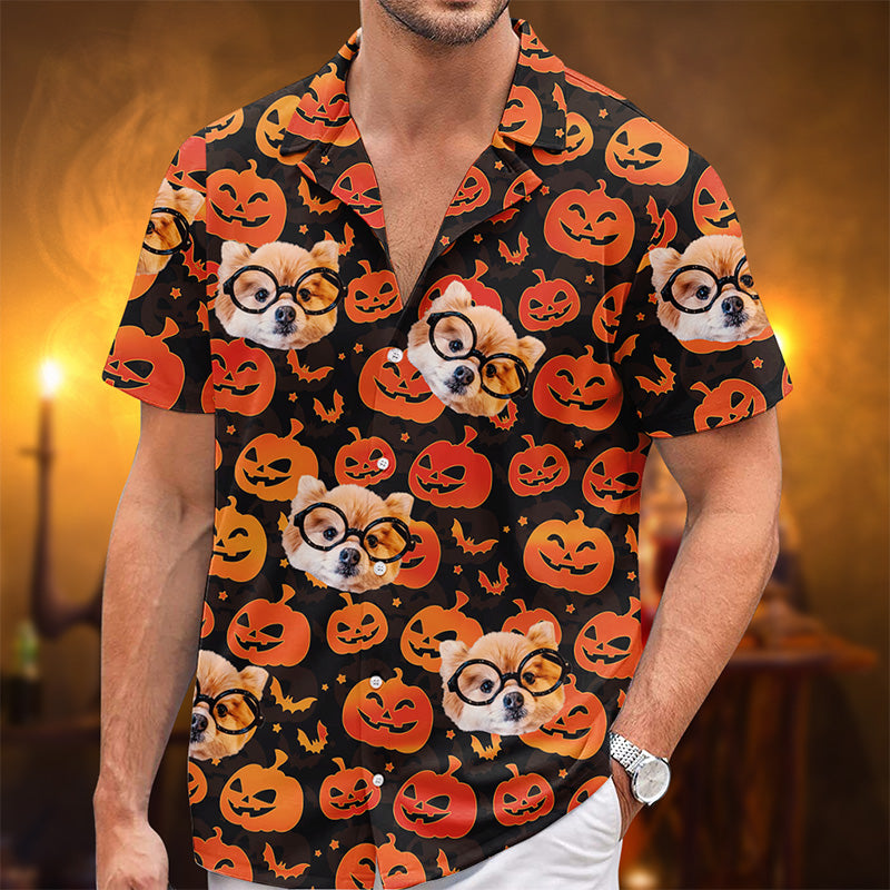Photo personnalisée « Vous êtes la citrouille la plus mignonne du jardin » - T-shirt hawaïen tropical unisexe personnalisé pour la famille - Cadeau d'Halloween pour les membres de la famille, les propriétaires d'animaux et les amoureux des animaux