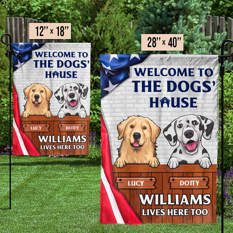 Bienvenue chez les chiens ! Drapeau patriotique personnalisé pour chiens et chats ! Fête de l'Indépendance, 4 juillet, cadeau pour les propriétaires d'animaux et les amoureux des animaux.