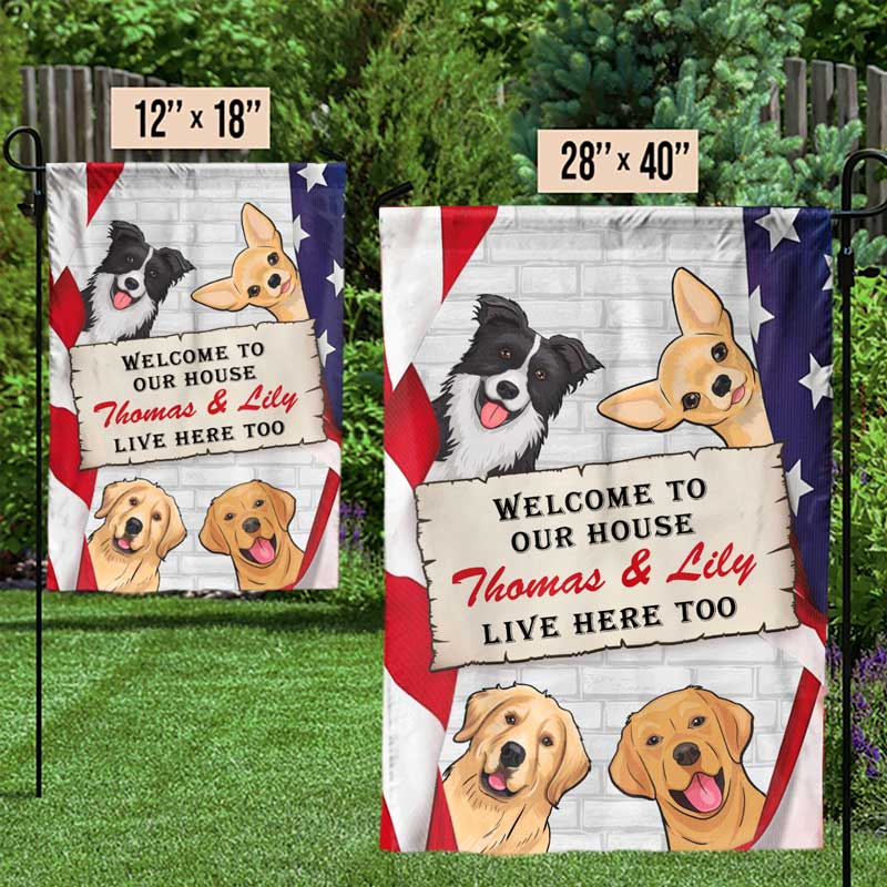 Bienvenue chez nous - Drapeau patriotique personnalisé pour chien et chat - Jour de l'Indépendance, 4 juillet, cadeau pour les propriétaires d'animaux et les amoureux des animaux