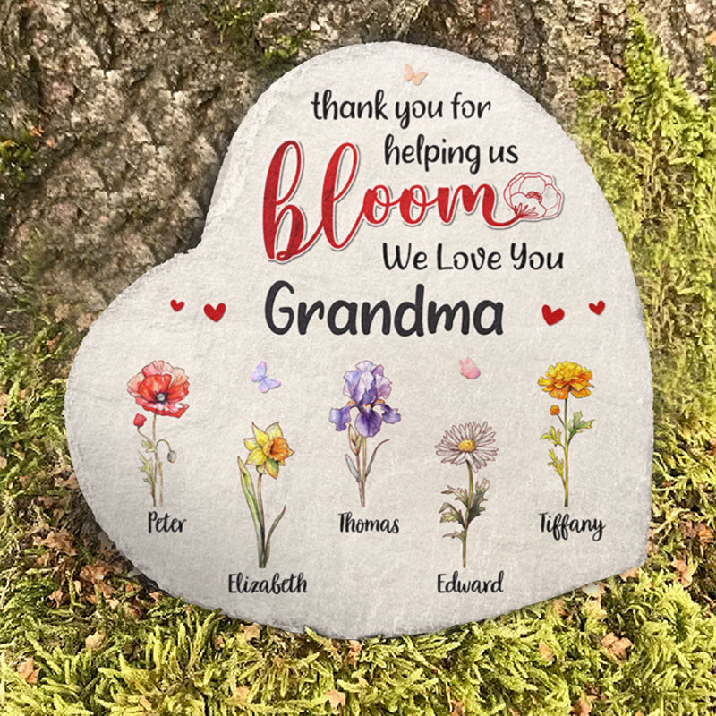 Merci de nous aider à fleurir - Pierre en forme de cœur personnalisée avec support - Cadeau pour grand-mère