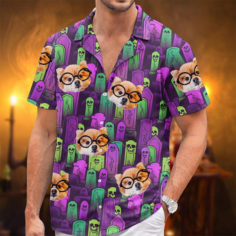 T-shirt hawaïen tropical unisexe personnalisé avec photo « Mangez, buvez et soyez effrayant » - Cadeau d'Halloween pour les membres de la famille, les propriétaires d'animaux et les amoureux des animaux