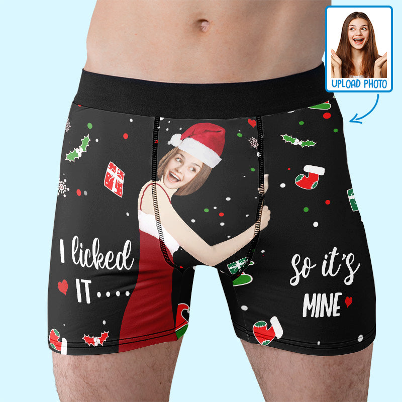 Boxer personnalisé avec photo « Je l'ai léché » - Cadeau de Noël pour petit ami, mari, anniversaire