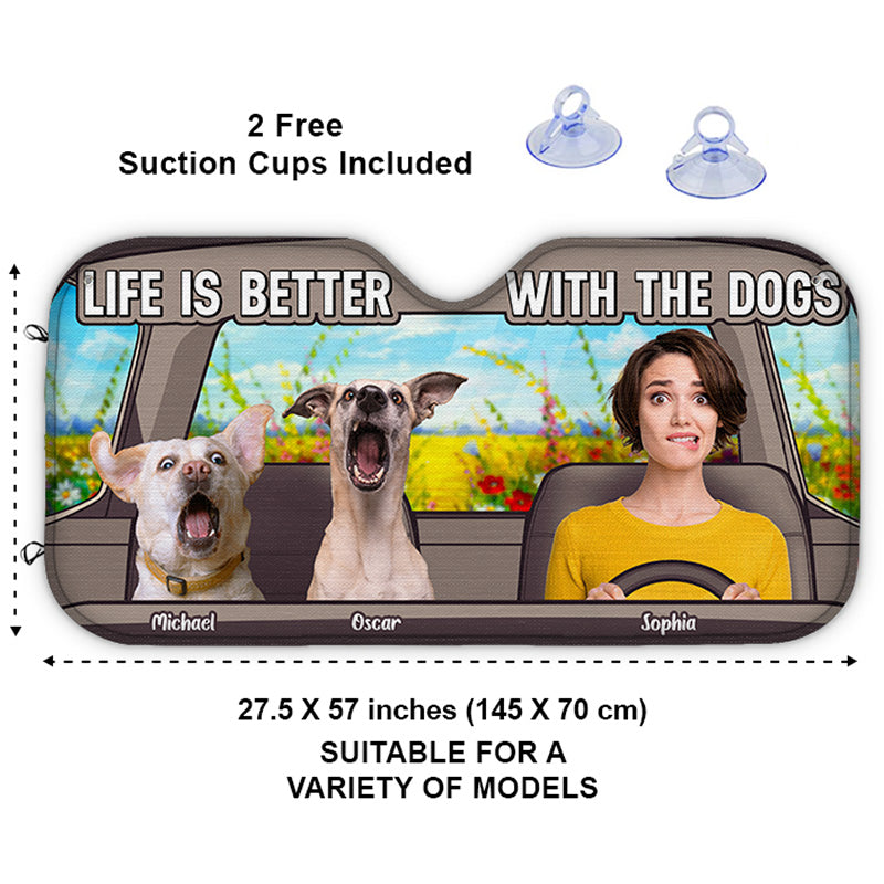 Photo personnalisée : La vie est meilleure avec les animaux ! Pare-soleil personnalisé pour pare-brise de voiture, protection de vitre de voiture, cadeau pour propriétaires et amoureux des animaux.