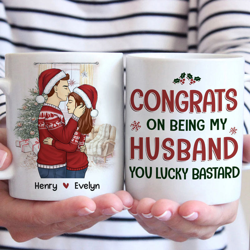 Félicitations pour être mon mari, tu as de la chance - Tasse personnalisée pour couple - Cadeau de Noël pour mari et femme, anniversaire