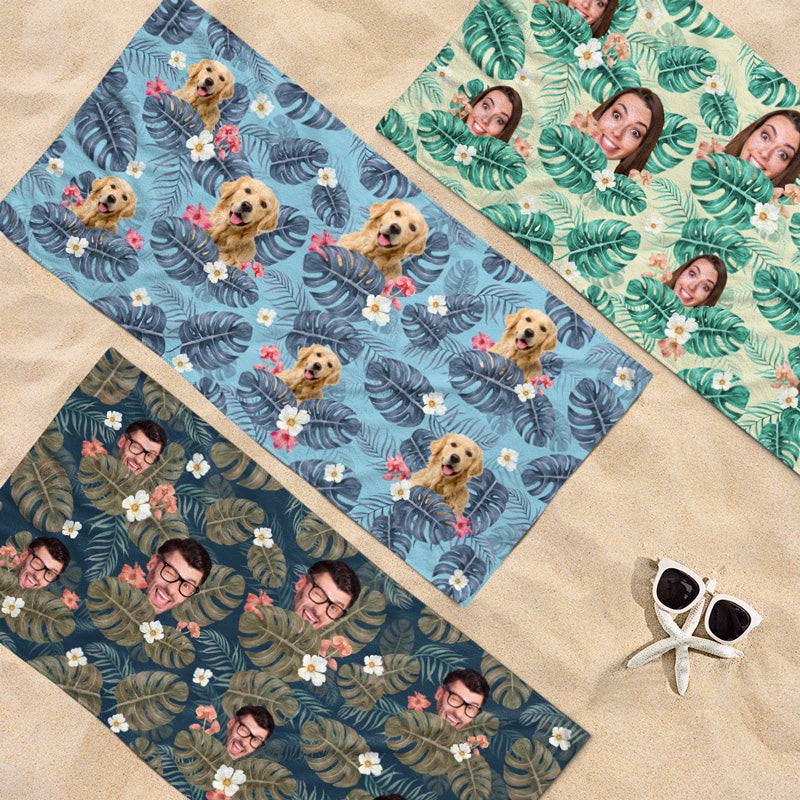 Serviette de plage personnalisée avec photo et visage personnalisé - Cadeau pour les vacances d'été, pour les membres de la famille, les propriétaires d'animaux et les amoureux des animaux