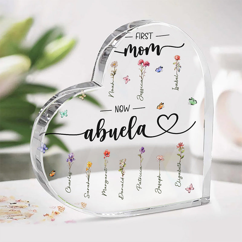 Grand-mère et ses charmantes fleurs - Plaque acrylique personnalisée en forme de cœur pour la famille - Cadeau pour maman et grand-mère